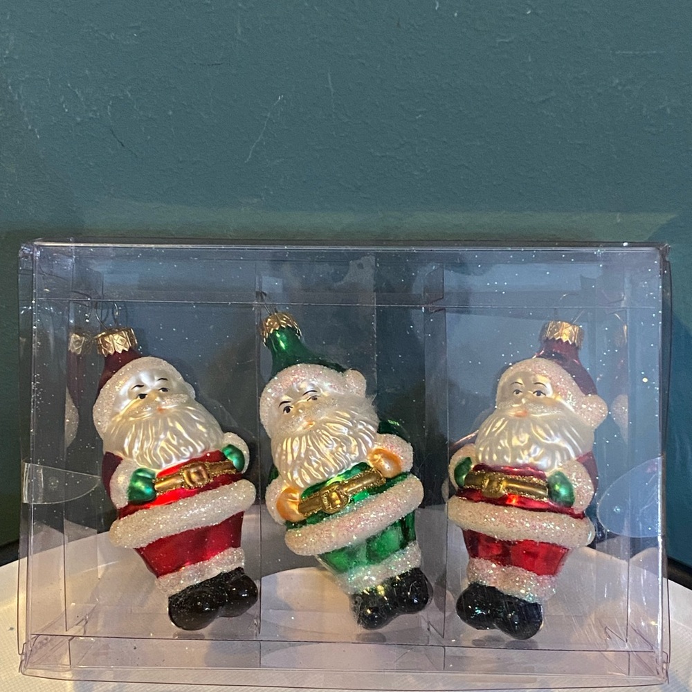 Set of 3 Fine European Blown Glass Santa Christmas Ornaments, Made in Poland